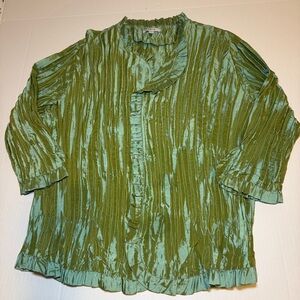 Agora Shimmering Olive Green Ruffle Dressy Blouse